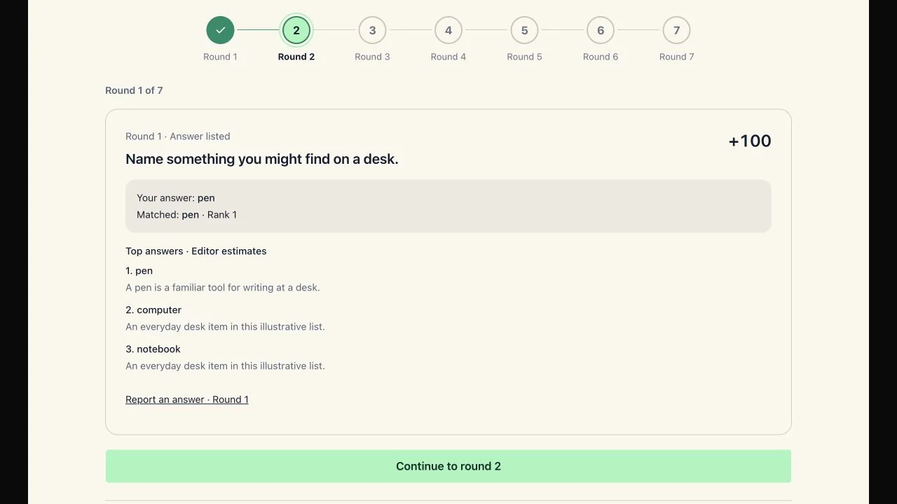 Noillirk practice feedback: pen is the first-ranked answer to the desk prompt and earns 100 points.